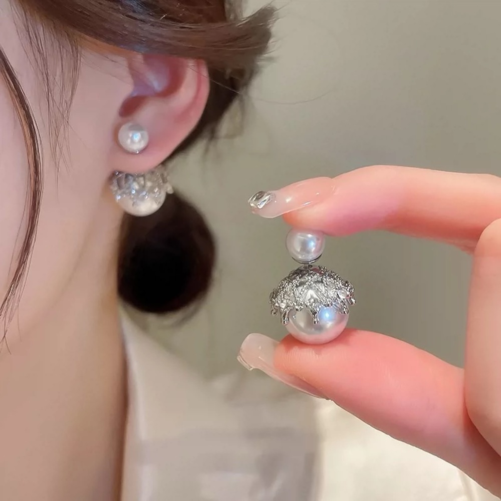 Elegant Double Pearl Crown Statement Earrings